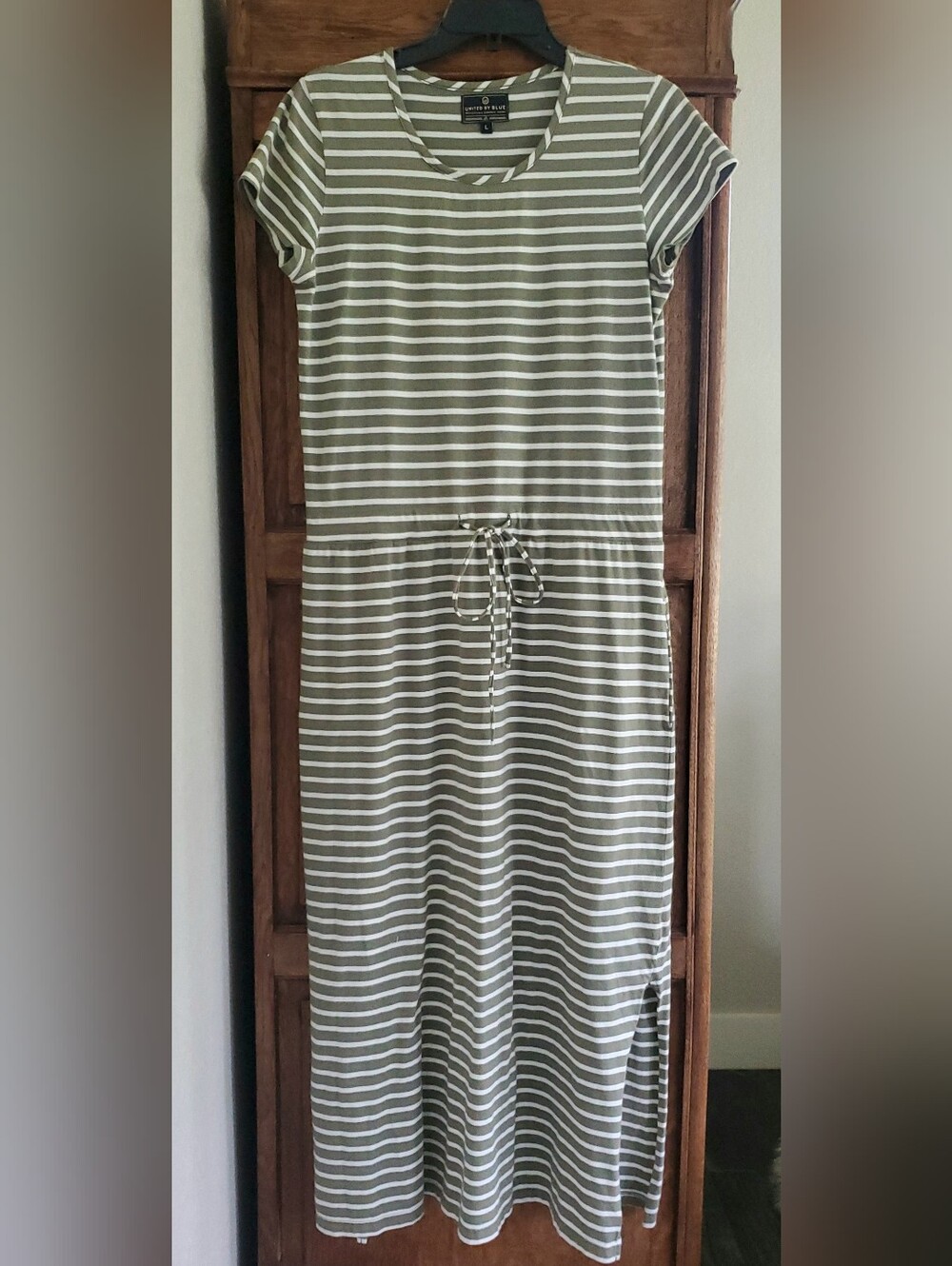 United by Blue Organic Cotton Sage Green Striped Midi T- Shirt Dress Size Large